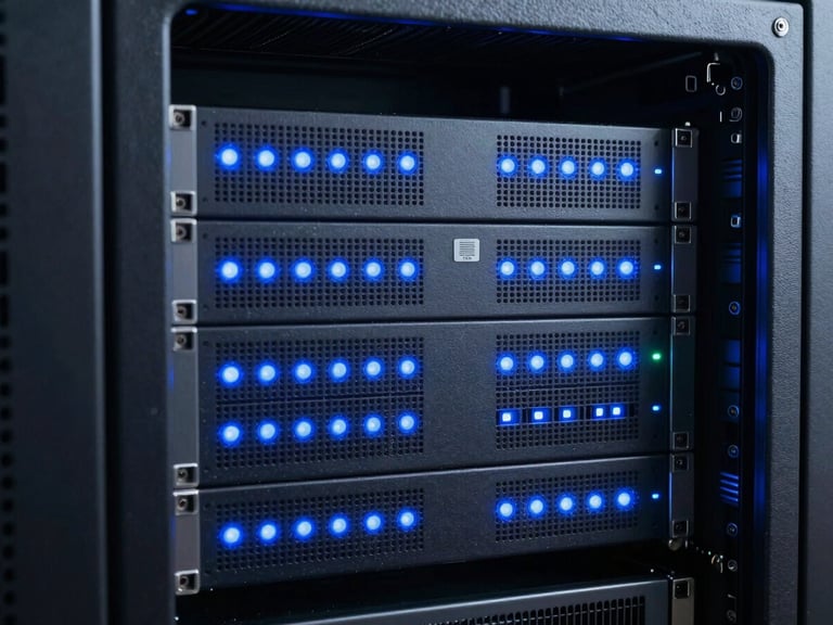 Crisp technical photography of a modern server rack with cool blue status lights, sharp focus, 35mm lens