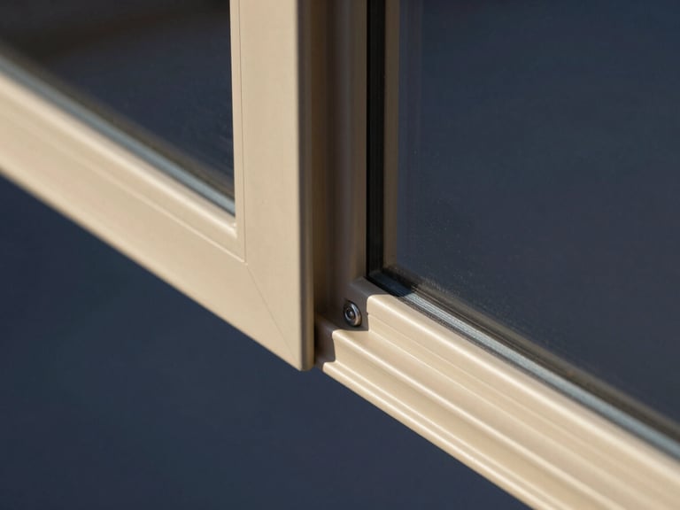 Macro close-up of a sleek champagne-gold aluminium window corner joint, showcasing clean technical lines and precise hardware integration, studio lighting.