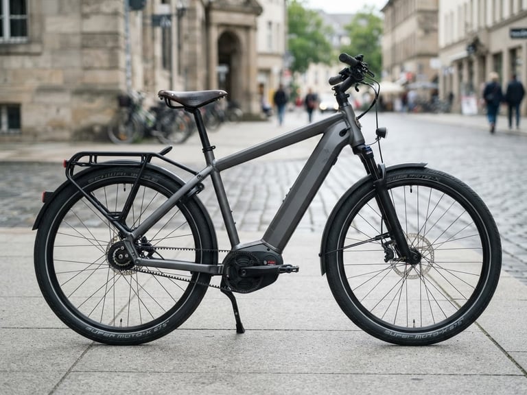 Side view of a premium modern e-bike parked on a clean gray concrete pavement in a European city, bright overcast daylight, sharp focus on the frame welds