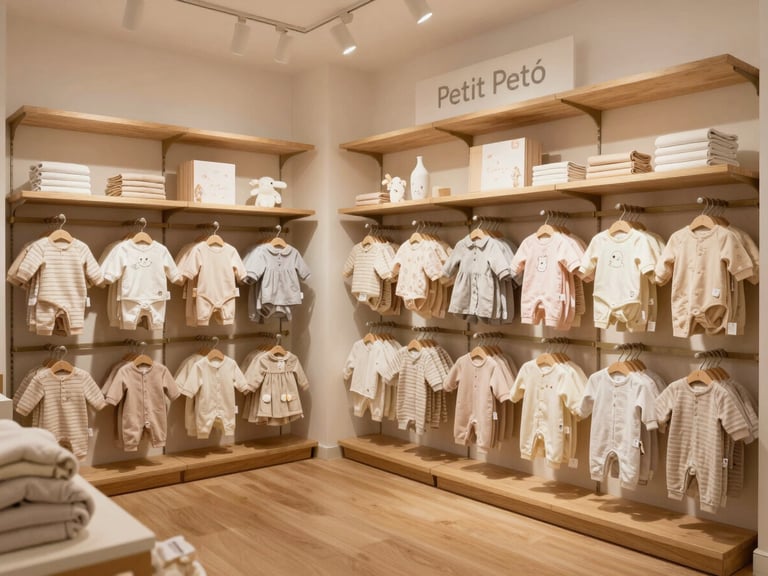 Wide interior shot of the cozy Petit Petó boutique, warm wooden shelves filled with baby clothes, soft ambient light.