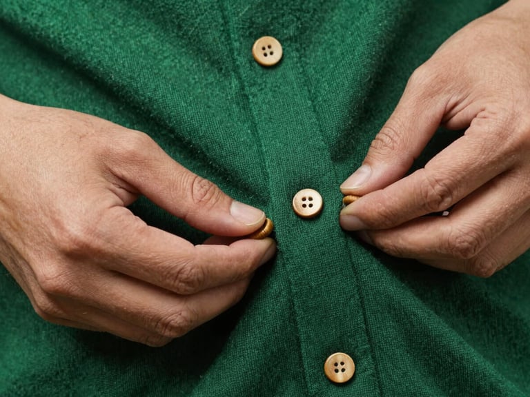 Primer plano extremo de unas manos adultas acariciando un jersey de punto de algodón orgánico color verde musgo, mostrando la textura del hilo y los botones de madera natural.
