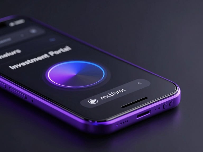 dark luxury 3d render, close-up of a sleek investment portal UI, glowing violet accents, obsidian background, macro depth of field