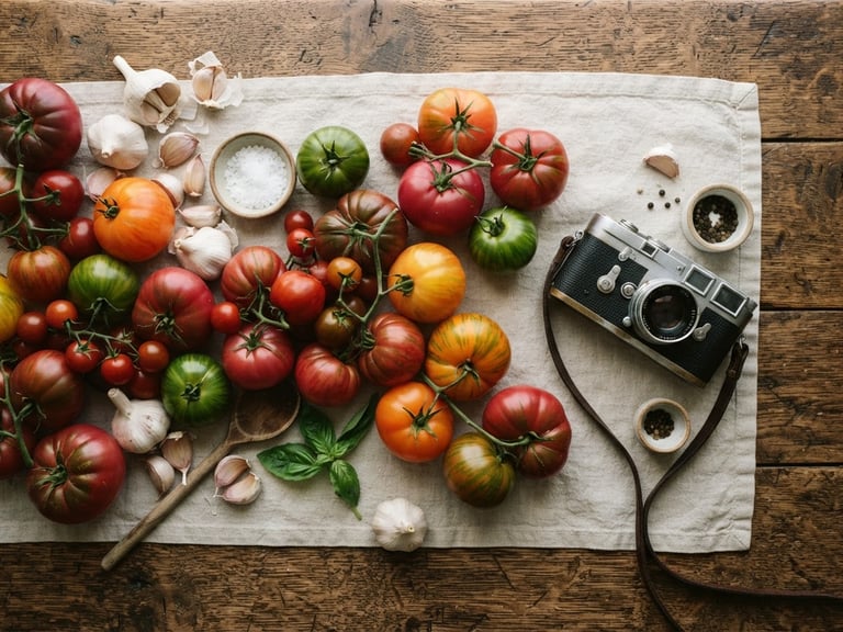 Overhead flat-lay of a rustic wooden prep table with fresh heirloom tomatoes, garlic cloves, and a vintage camera resting on a linen cloth, soft morning light