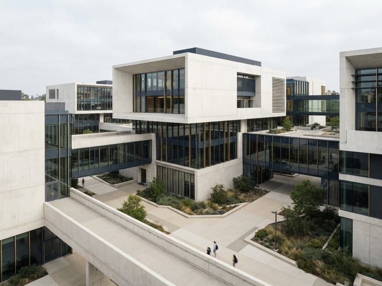 High-angle architectural perspective of clean modern concrete and glass structures, sharp geometric shadows, soft diffused overcast daylight, minimal editorial style.