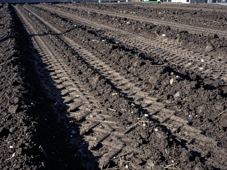 A freshly graded and leveled soil plot where an old structure once stood, crisp tire tracks in the dark earth, morning shadows, wide-angle 35mm