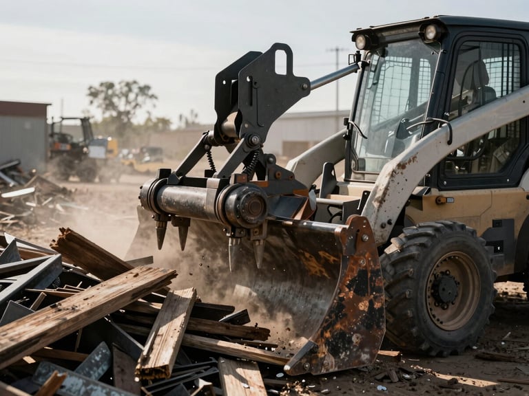 Close-up of a skid steer grapple attachment clamping down on a pile of wooden debris and metal junk, dust particles catching sharp morning sunlight, rugged industrial photography