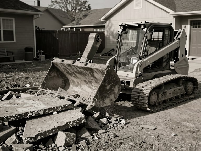 A skid steer with a heavy-duty bucket lifting shattered concrete slabs from a residential backyard, sharp morning sun, high-contrast charcoal and earth tones, 35mm