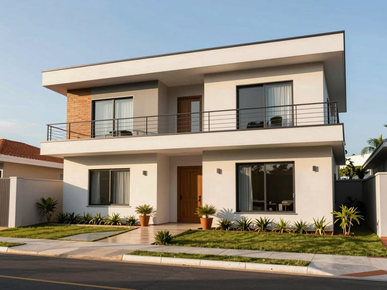 Bright exterior wide shot of a modern residential family home in Altônia, Paraná, under natural afternoon sunlight, highlighting clean architecture.