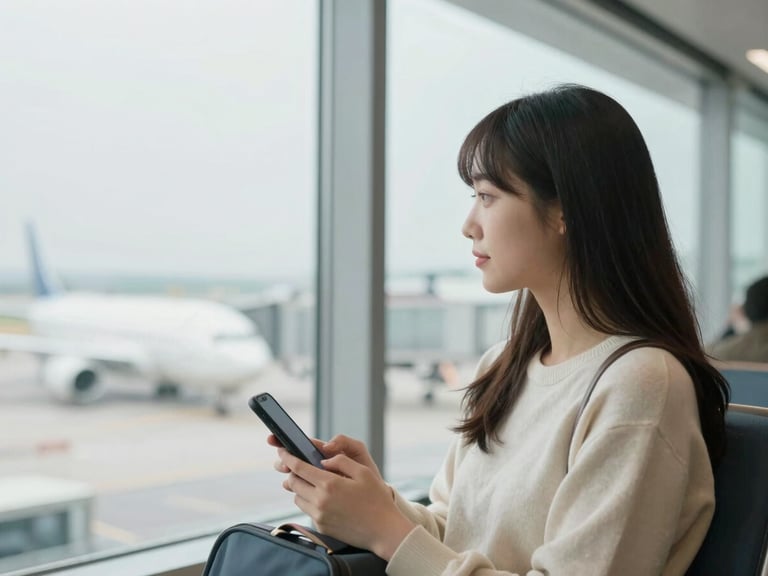 Calm traveler looking out a window at an airport lounge, holding a smartphone, soft natural daylight, shallow depth of field, warm editorial photography