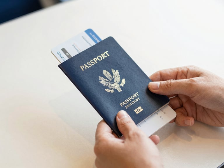 Close-up of hands holding a passport and boarding pass on a clean, light surface, soft natural daylight, shallow depth of field, warm editorial photography