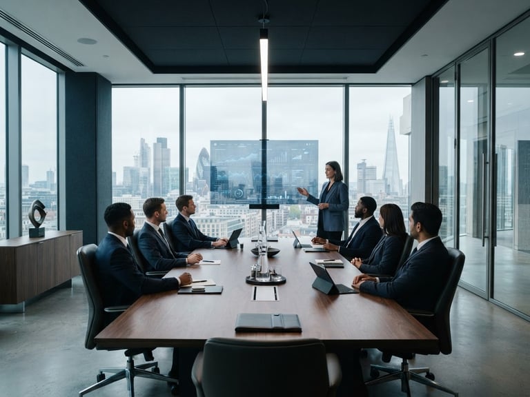 Crisp corporate photography, cool daylight, deep blue and slate tones, sharp focus, architectural depth, 35mm. A modern high-end boardroom with financial models faintly visible on a glass screen, clean lines, professional atmosphere.