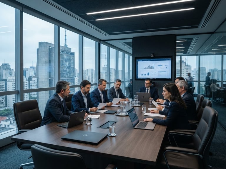 Crisp corporate photography of a modern high-end boardroom in São Paulo, cool daylight, deep blue and slate tones, sharp focus, architectural depth, 35mm
