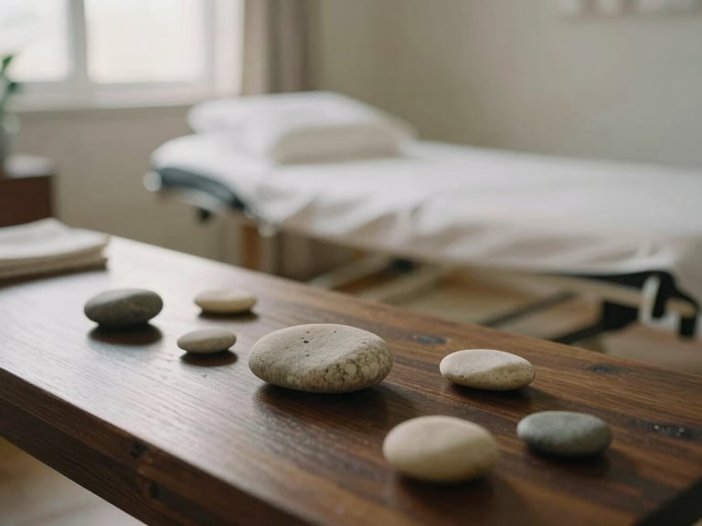 Soft-focus environmental shot of a quiet treatment room, smooth river stones on dark wood, warm indirect natural light, serene film grain.