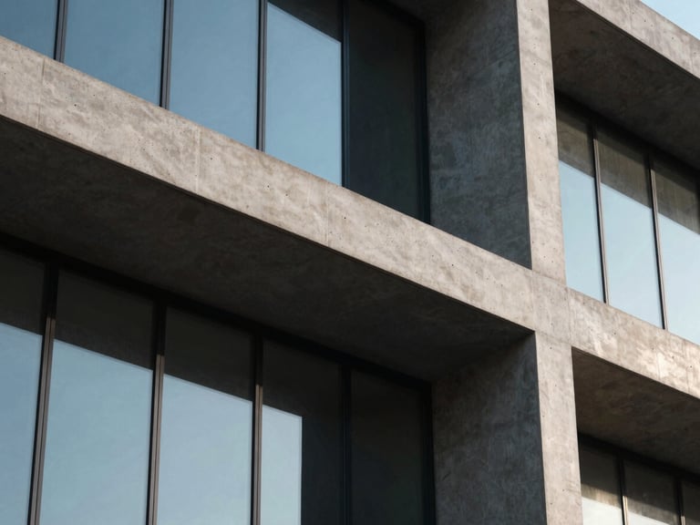 Macro shot of modern architectural concrete and glass facade, sharp angles, dark shadows, cool-toned screen glow reflections
