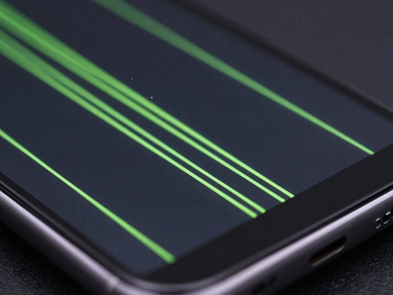 Extreme close-up macro shot of a sleek Android smartphone screen displaying a complex vector graphic interface with neon green lines, dark slate background, cool studio lighting, high contrast