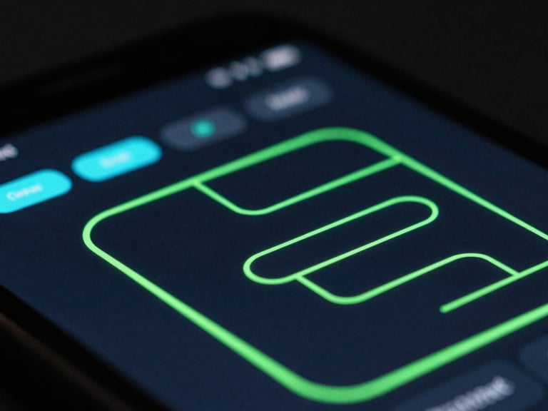 Extreme macro close-up of a high-resolution Android screen showing a dark-mode creative interface with glowing neon green vector paths and cyan UI controls, sharp contrast, cool studio lighting.