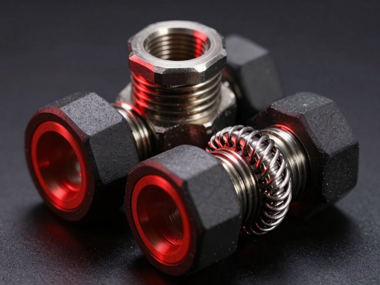Macro studio photograph of multi-spiral wire reinforced hydraulic hose fittings. Dark-field lighting with sharp red rim lights reflecting off steel threads and matte rubber texture.