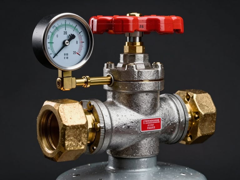 Extreme close-up of a heavy-duty steel fire suppression canister valve with brass fittings, pressure gauge showing green zone, red warning label, dark studio lighting