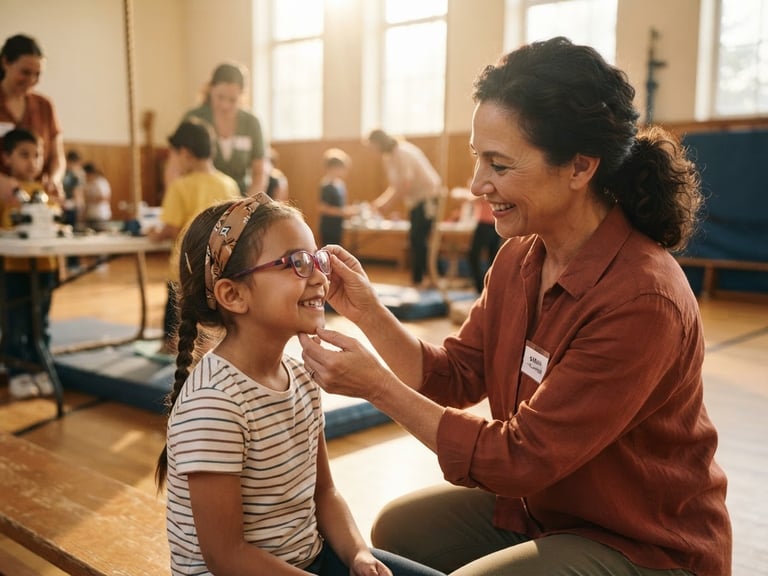 Warm editorial photography of a local volunteer fitting a pair of eyeglasses on a smiling young child in a sunlit school gym, natural golden-hour daylight, rich organic tones, candid framing, 35mm.