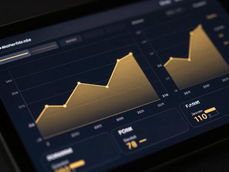 Macro shot of a high-end display showing a minimalist data dashboard with gold accented graphs, moody studio lighting, deep navy and gold accents, sharp macro focus, 35mm