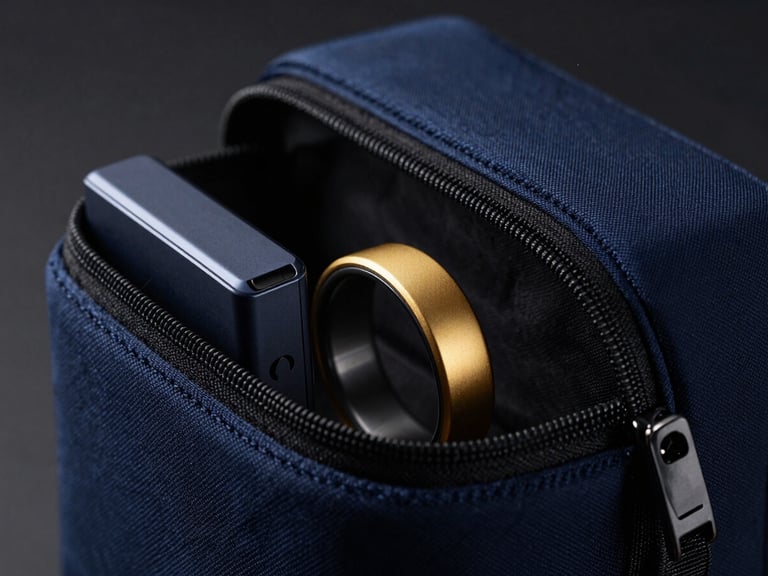 Macro shot of a zero-bloat tech pouch, containing a few essential, high-end gadgets (e.g., smart ring, portable SSD), soft studio shadows, deep navy and gold accents. Sleek editorial photography, moody studio lighting, deep navy and gold accents, sharp macro focus, 35mm.