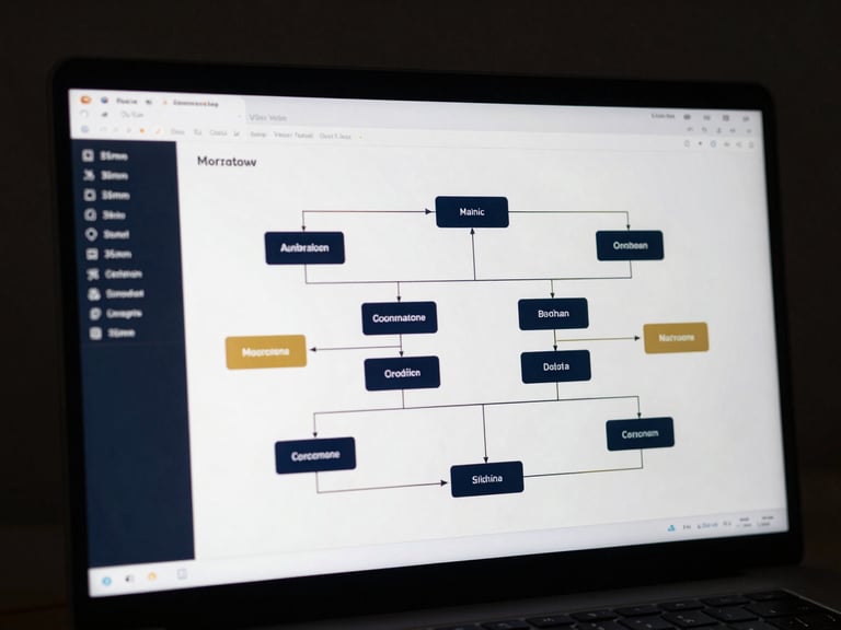 Sleek software interface displaying a workflow automation diagram on a high-end display, low-key moody lighting, sharp macro focus, deep navy and gold accents, 35mm