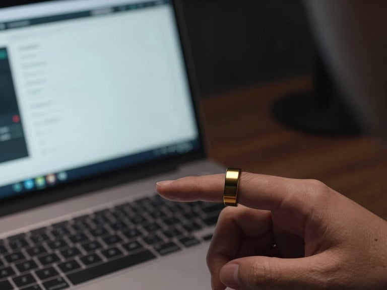 Close-up of a smart ring on a professional's finger, glowing subtly, reflecting a clean software dashboard on a high-end display in a quiet lounge, moody studio lighting, deep navy and gold accents, sharp macro focus, 35mm