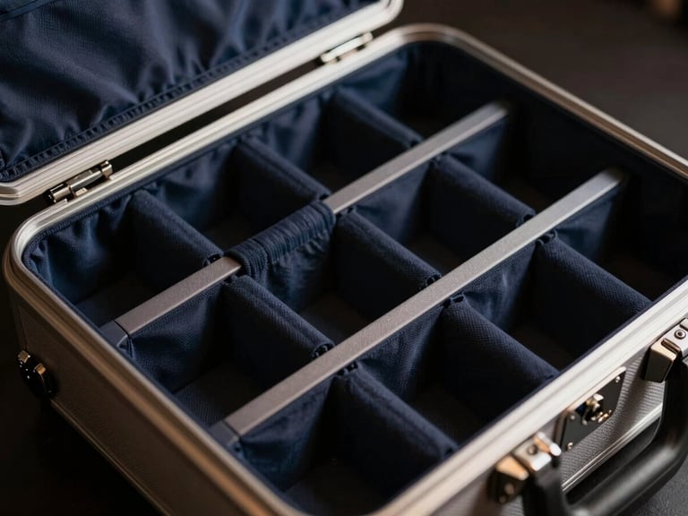 Close-up of a titanium travel case, open to reveal organized compartments, moody studio lighting, sharp focus on material. Sleek editorial photography, moody studio lighting, deep navy and gold accents, sharp macro focus, 35mm.
