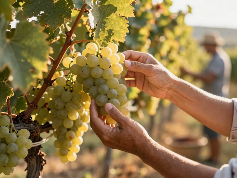 Close-up of hands gently picking ripe grapes from a sun-drenched vineyard vine, with other harvesters in the soft-focus background, golden hour light.