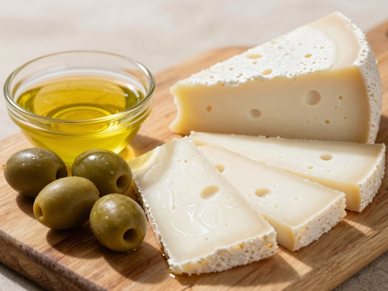 Close-up of a rustic wooden board with slices of graviera and katsikisio tiri cheeses, fresh olives, and a small bowl of golden Cretan olive oil, bright Mediterranean light.