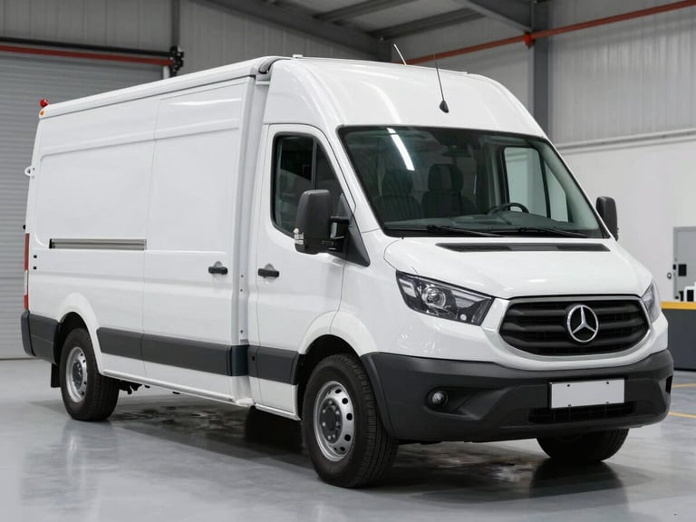 Wide environmental shot of a secure, clinical white transport vehicle with heavy-duty locking mechanisms parked inside a clean warehouse.
