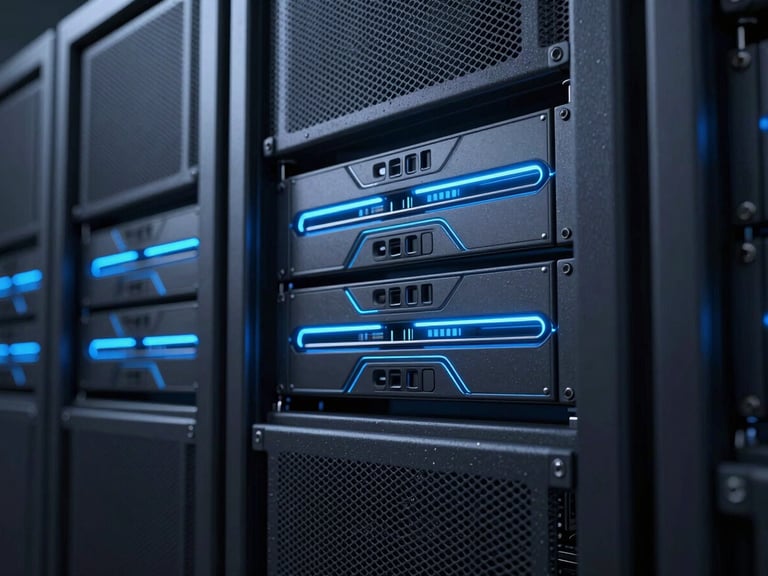 Macro detail shot of pristine dark obsidian server racks, cool blue rim lights, structured architectural lines, sleek 3d render, octane render