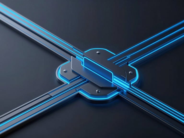 Sleek 3D render of structured data pathways with neon blue accents, dark obsidian background, cinematic lighting.