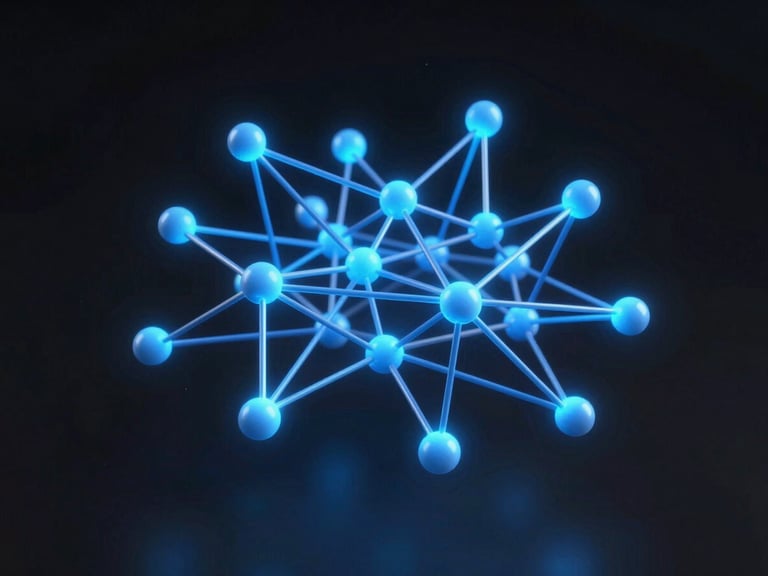 Sleek 3D render of an abstract neural network architecture, glowing cool blue nodes, dark obsidian background.