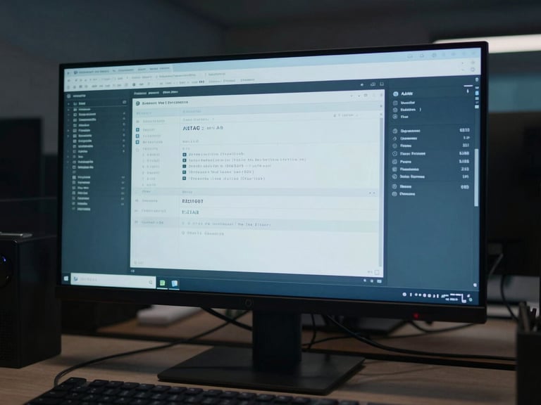 Medium-wide environmental shot: a large monitor displaying the AITAG software dashboard—data panels and clean UI visible on screen—workstation in a dark studio office, cool blue glow from the screen, no person in frame, documentary framing