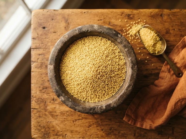 Overhead shot of raw millet grains in a stone bowl on a wooden table, warm morning sunlight, shallow depth of field, rich terracotta and turmeric tones.