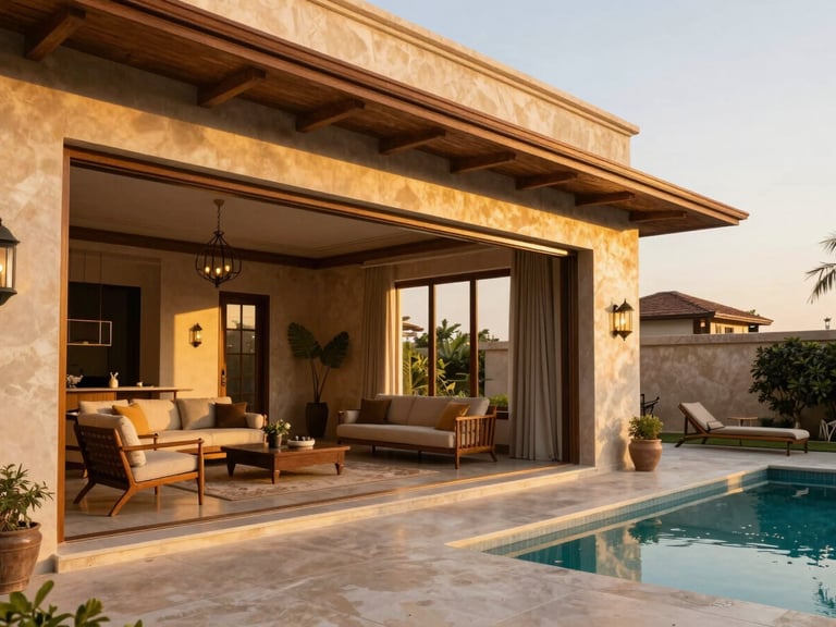 Wide environmental shot of a luxury farmhouse in Malir, Karachi, during golden hour, showing transition from indoor lounge to outdoor pool deck, warm editorial photography.