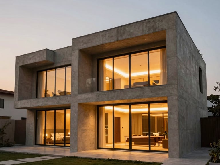 Architectural exterior shot of a modern concrete villa in Islamabad at dusk, warm interior lights glowing through expansive windows, clean geometric lines, 35mm.