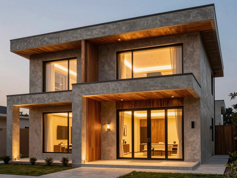 Architectural exterior shot of a modern luxury farmhouse in Karachi at dusk, elegant architectural evening lighting highlighting clean concrete lines and warm wood accents, 35mm