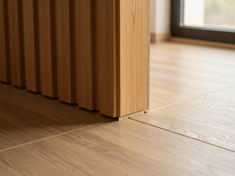 Detailed close-up of a premium material junction, showing a fluted WPC wall panel meeting a polished SPC flooring edge under soft natural diffused daylight, warm editorial style