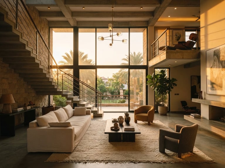 A wide-angle, sun-drenched Karachi villa interior showing a double-height living space, warm golden-hour light streaming through large windows, minimalist luxury furniture, 35mm photography.