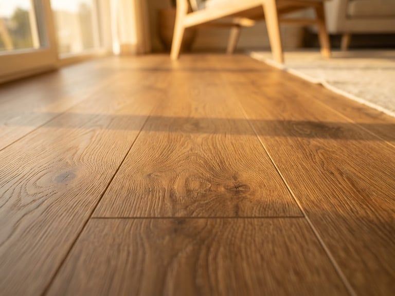 Macro photograph of premium SPC flooring showing rich oak wood grain texture, soft golden-hour window light casting long shadows, architectural detail, 35mm