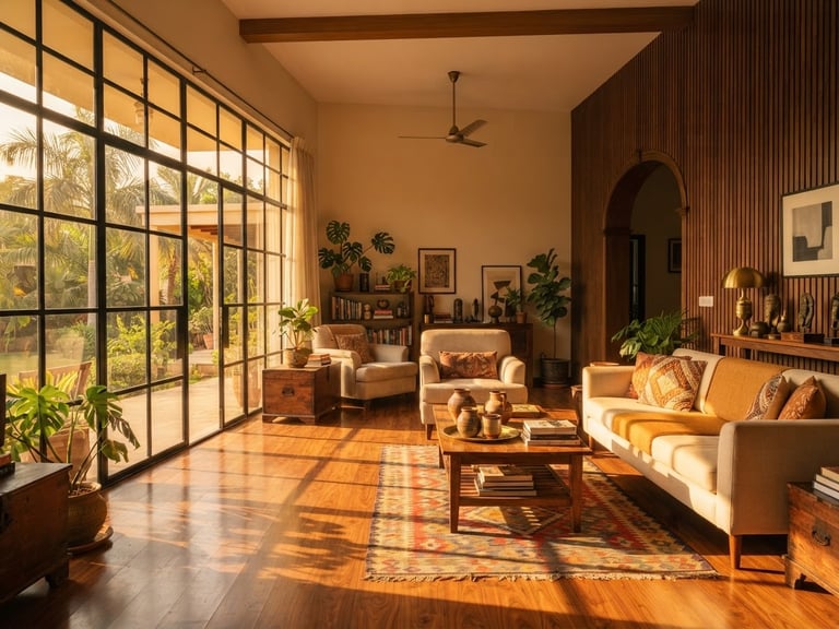 Wide-angle environmental interior shot of a sun-drenched Karachi villa living room, warm golden-hour sunlight streaming through large steel-framed windows, highlighting rich wooden flooring and fluted wall panels, 35mm photography