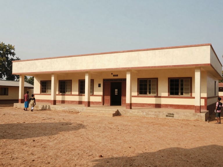 A wide shot of a newly built rural school building in Beed under warm natural Indian sunlight, clean architectural lines, documentary style.