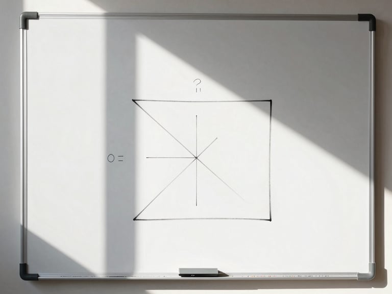 Close-up of a clean whiteboard with sharp geometric diagrams, direct sunlight casting crisp shadows, architectural studio setting.