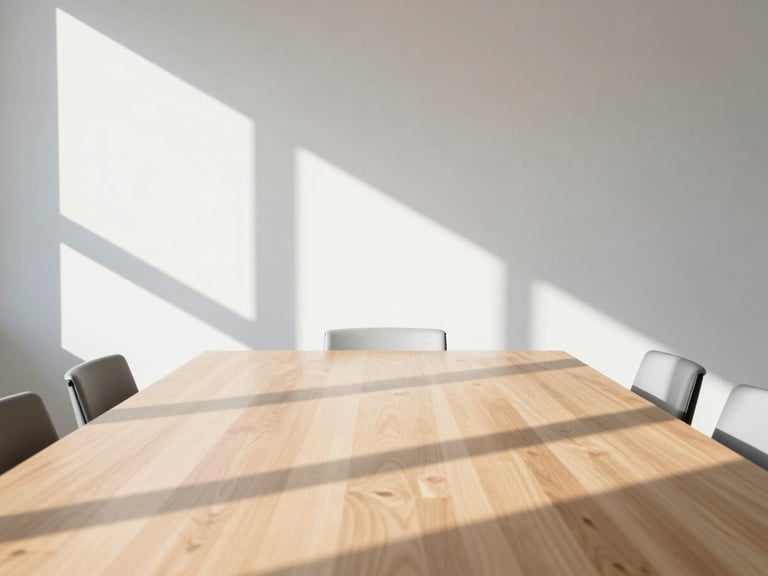 Empty minimalist boardroom with a clean wooden table, sharp geometric shadows cast by window frames in bright direct sunlight.