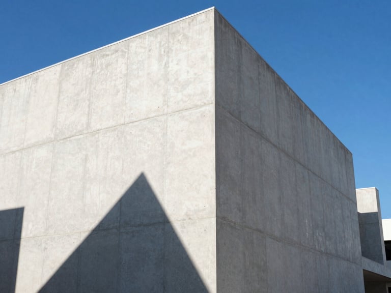 Wide architectural angle of a modern minimalist concrete building facade, sharp diagonal shadows from direct Florida sunlight, 35mm lens.