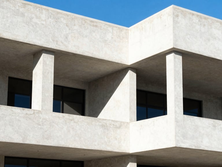 Bright architectural photography of modern concrete building facade with sharp geometric shadows under direct Florida sunlight, 35mm lens