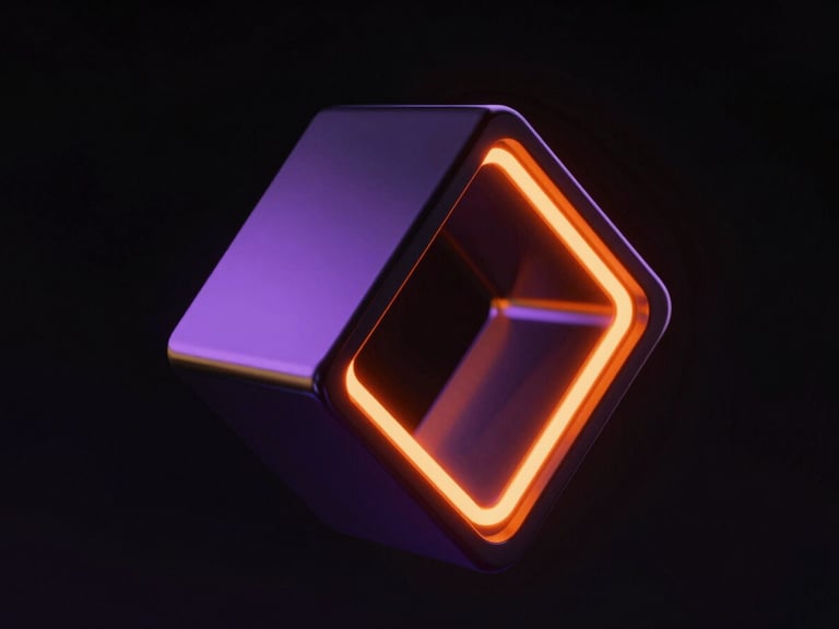 Close-up macro shot of a glossy metallic 3D geometric sculpture, dark futuristic aesthetic, sharp neon orange and deep purple ambient lighting, high contrast, clean black background