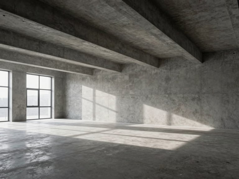Wide panoramic architectural angle of a modern concrete workspace, cool diffused studio light, sharp defined shadows, negative space on the left.